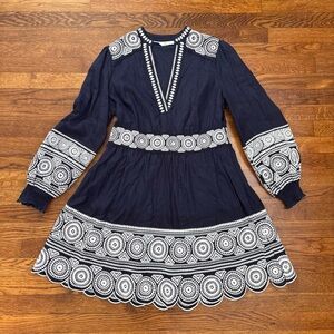Boden navy and white linen dress with embroidered details
